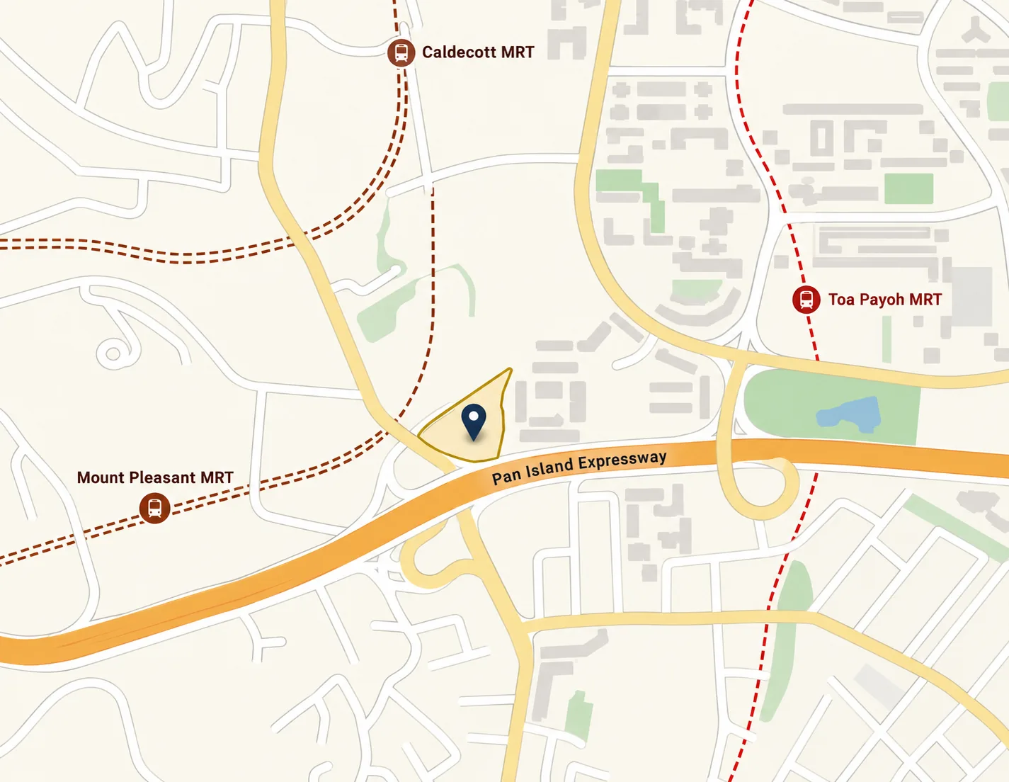 Map of 8 Thomson Lane beside the Pan-Island Expressway, with Caldecott, Toa Payoh and Mount Pleasant MRT stations nearby
