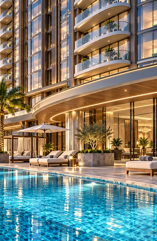 Artistic impression of a pool deck with loungers and palms at Thomson Lane Residences